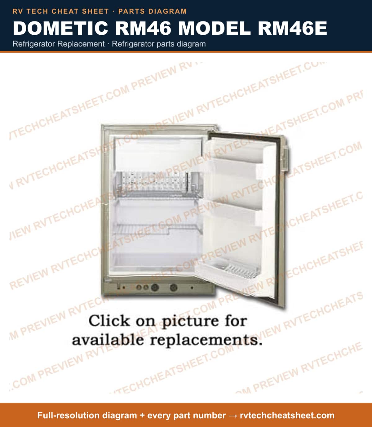 Dometic RM46 Model RM46E refrigerator replacement — parts list sheet