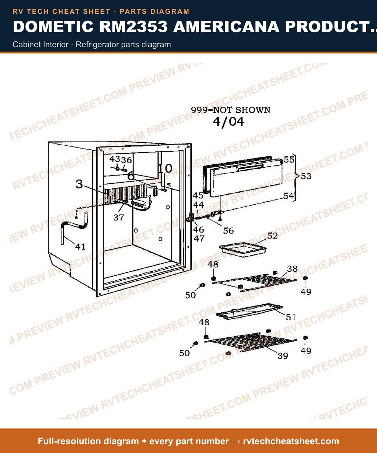 Dometic RM2353 Americana Product # 921145014 Beige cabinet interior — parts list sheet