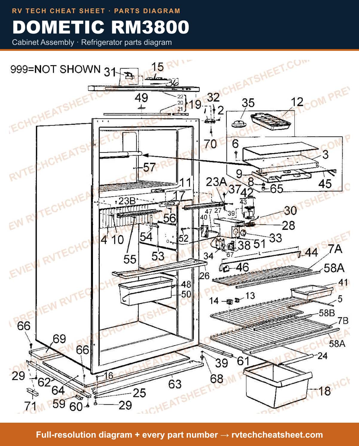 Dometic RM3800 cabinet assembly — parts list sheet