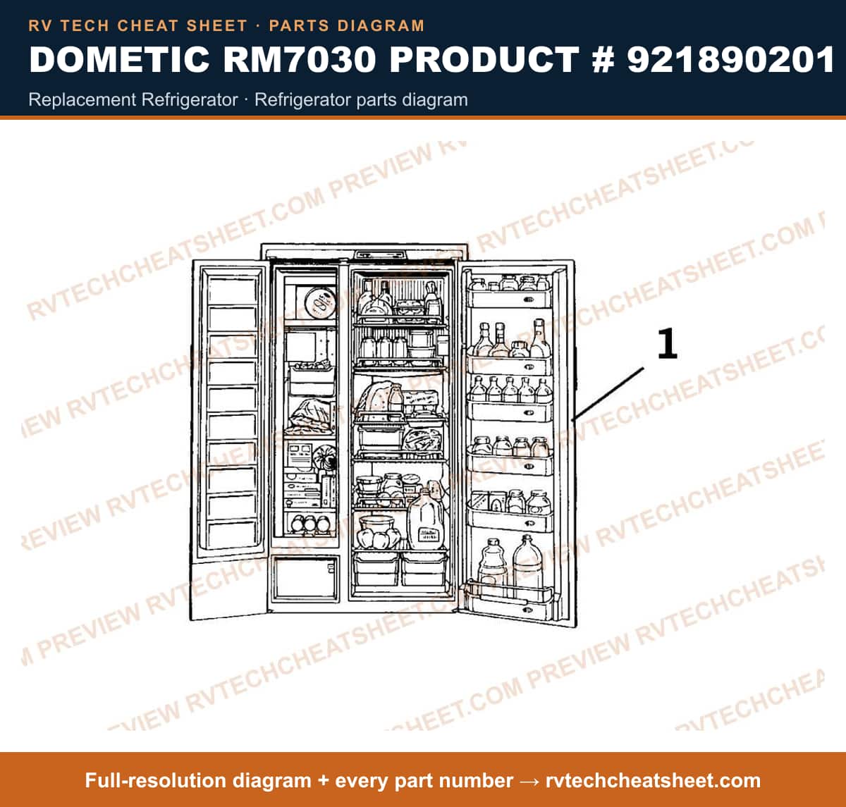 Dometic RM7030 Product # 921890201 replacement refrigerator — parts list sheet