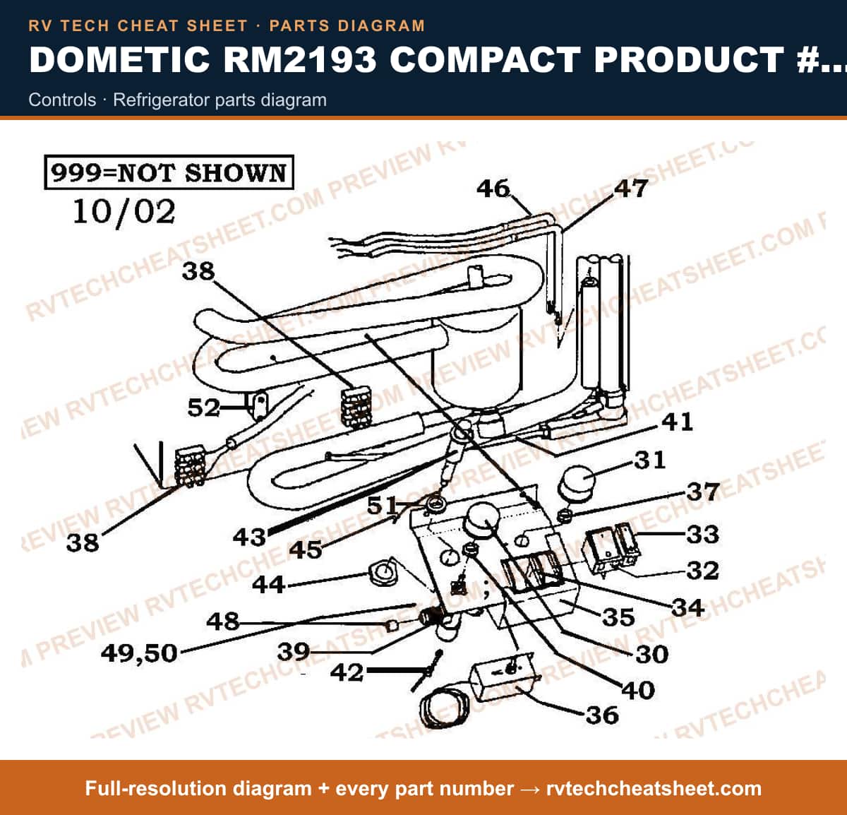 Dometic RM2193 Compact Product # 921131009 controls — parts list sheet