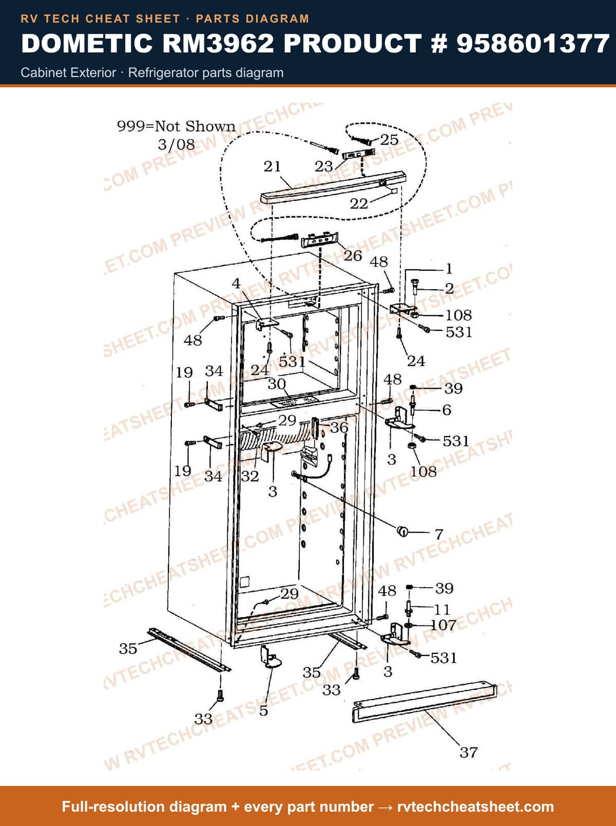 Dometic RM3962 Product # 958601377 cabinet exterior — parts list sheet