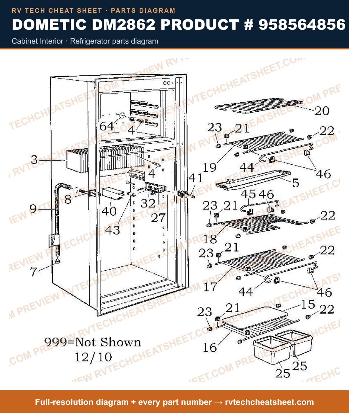 Dometic DM2862 Product # 958564856 cabinet interior — parts list sheet
