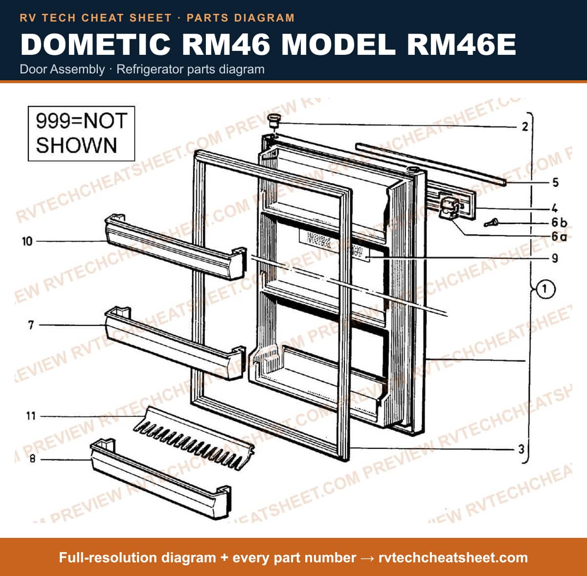 Dometic RM46 Model RM46E door assembly — parts list sheet