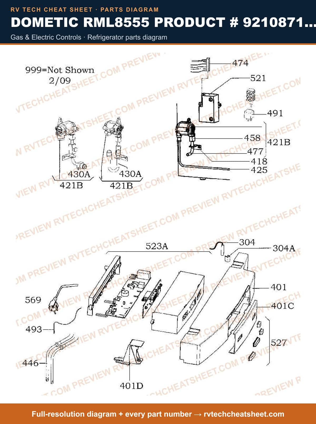 Dometic RML8555 Product # 921087158 gas & electric controls — parts list sheet