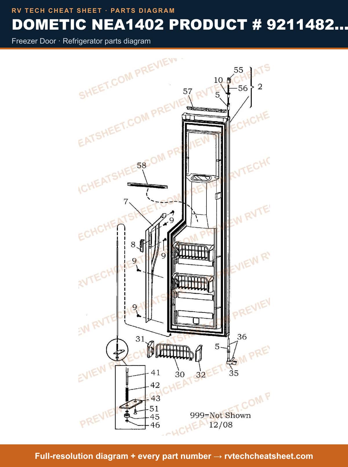 Dometic NEA1402 Product # 921148285 freezer door — parts list sheet