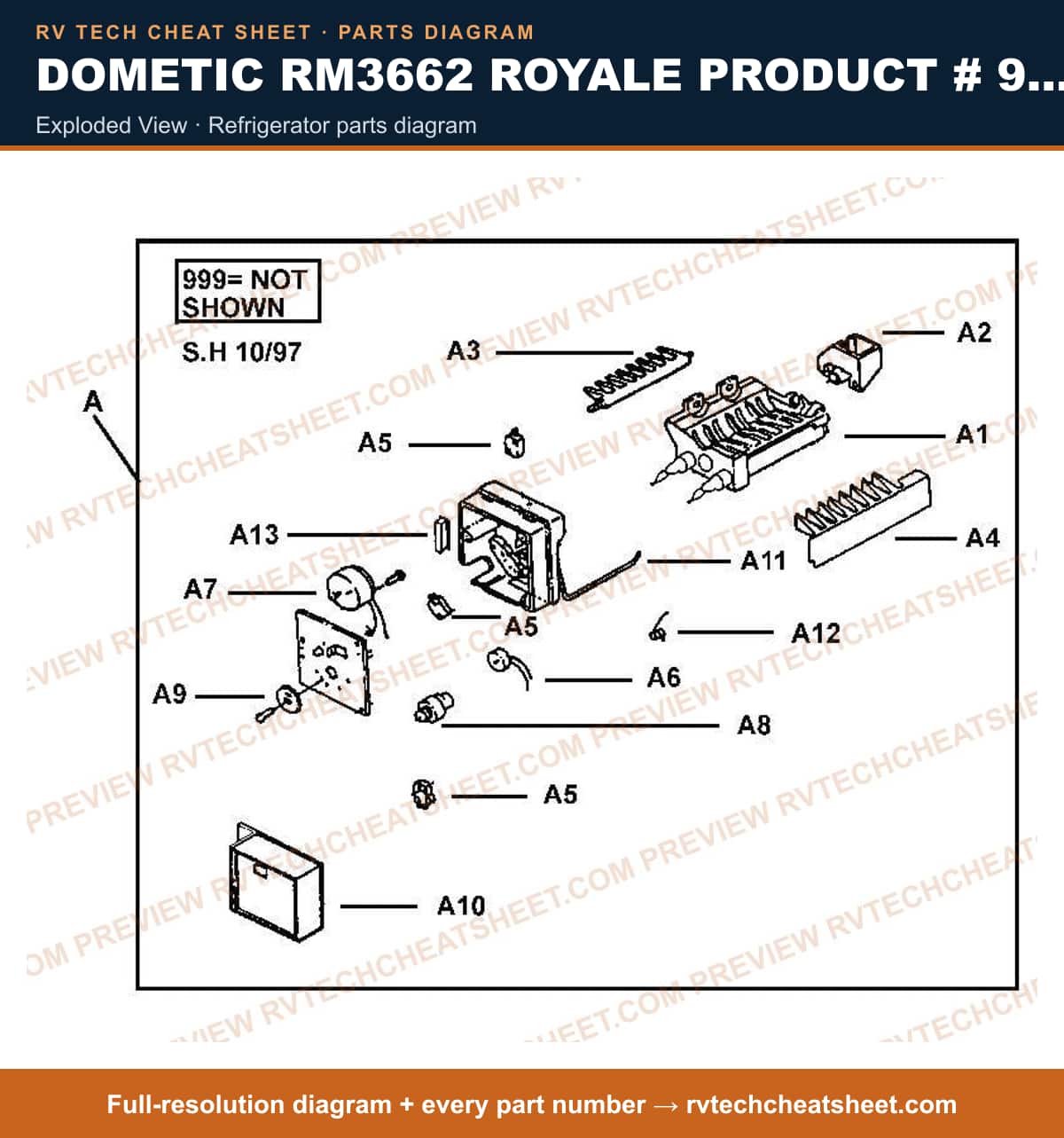 Dometic RM3662 Royale Product # 921144005 Beige exploded view — parts list sheet