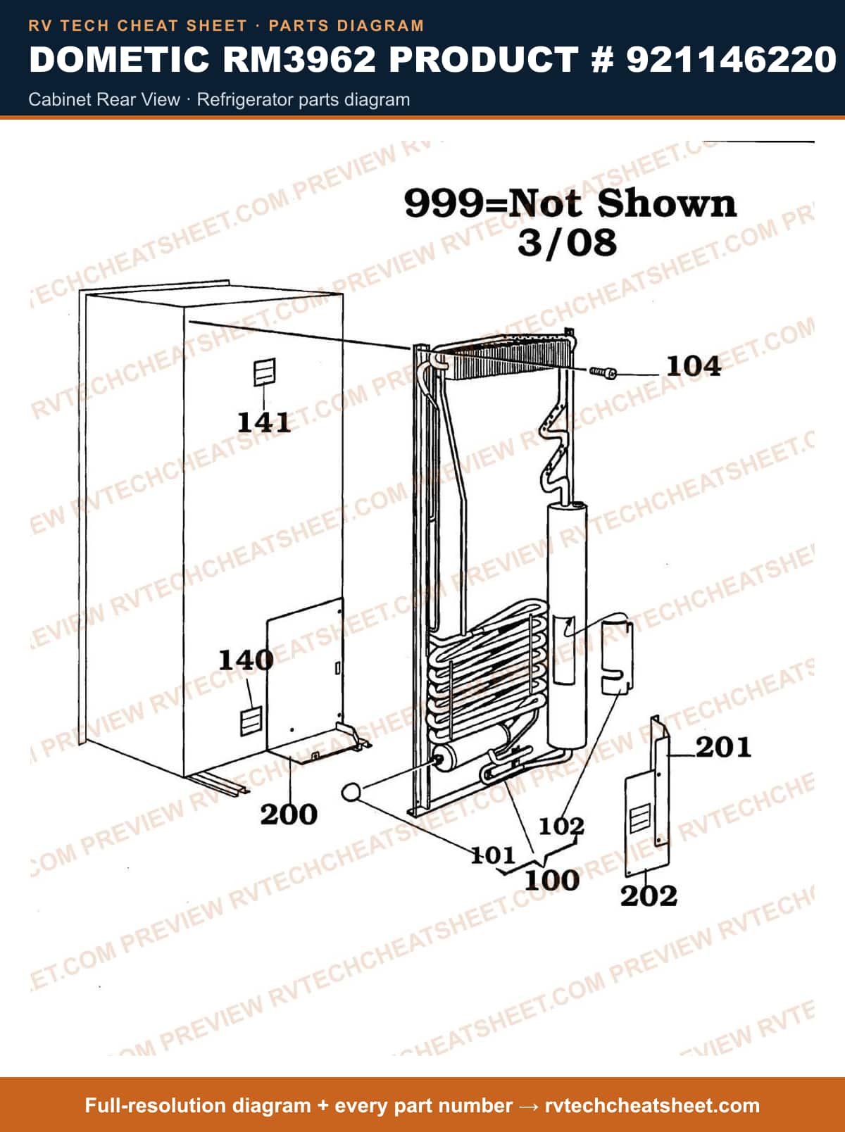 Dometic RM3962 Product # 921146220 cabinet rear view — parts list sheet
