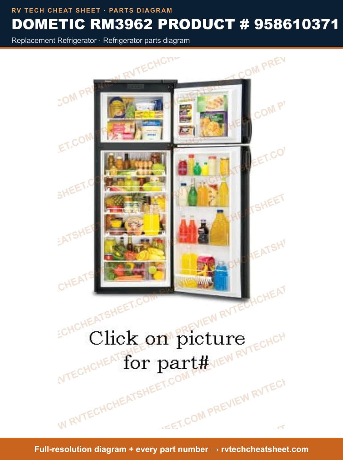 Dometic RM3962 Product # 958610371 replacement refrigerator — parts list sheet