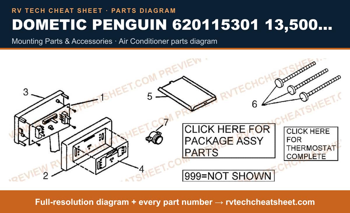 Dometic Penguin 620115301 13,500 BTU mounting parts & accessories — parts list sheet