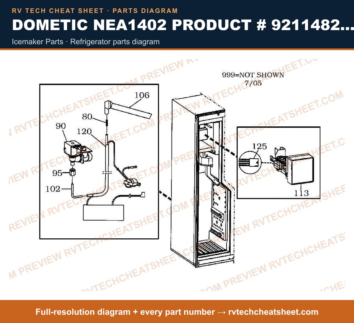 Dometic NEA1402 Product # 921148259 icemaker parts — parts list sheet