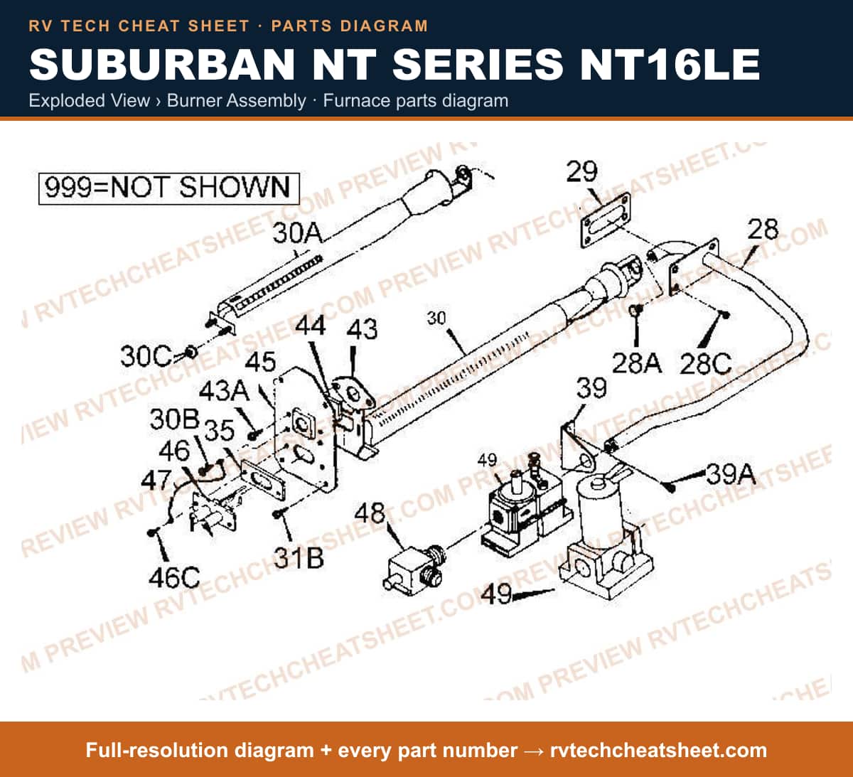 Suburban Nt Series NT16LE exploded view › burner assembly — exploded parts diagram