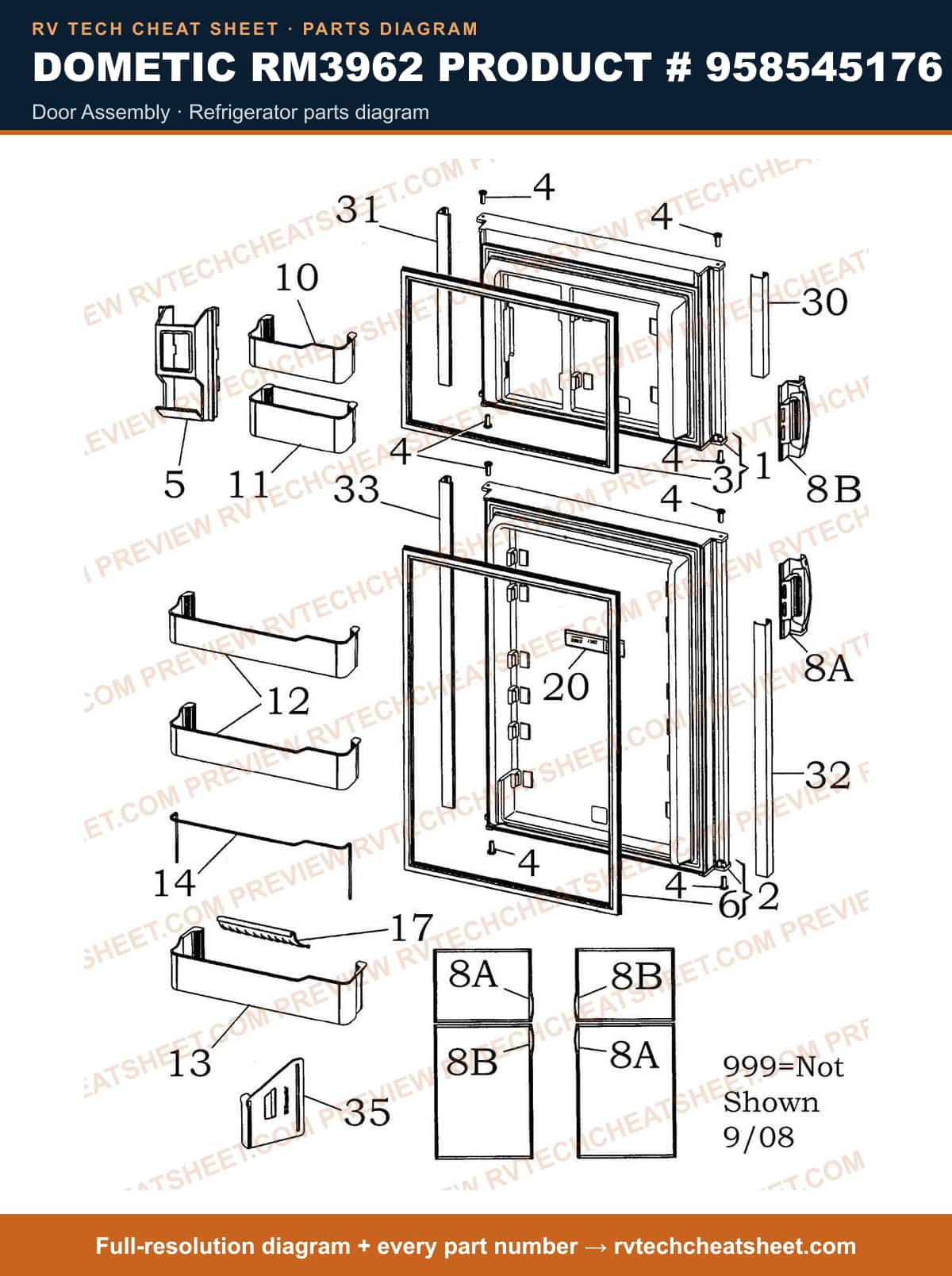 Dometic RM3962 Product # 958545176 door assembly — parts list sheet