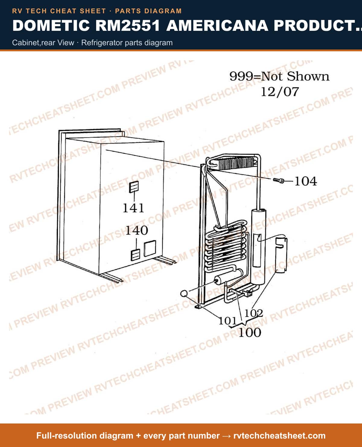 Dometic RM2551 Americana Product # 921142119 Black cabinet,rear view — parts list sheet