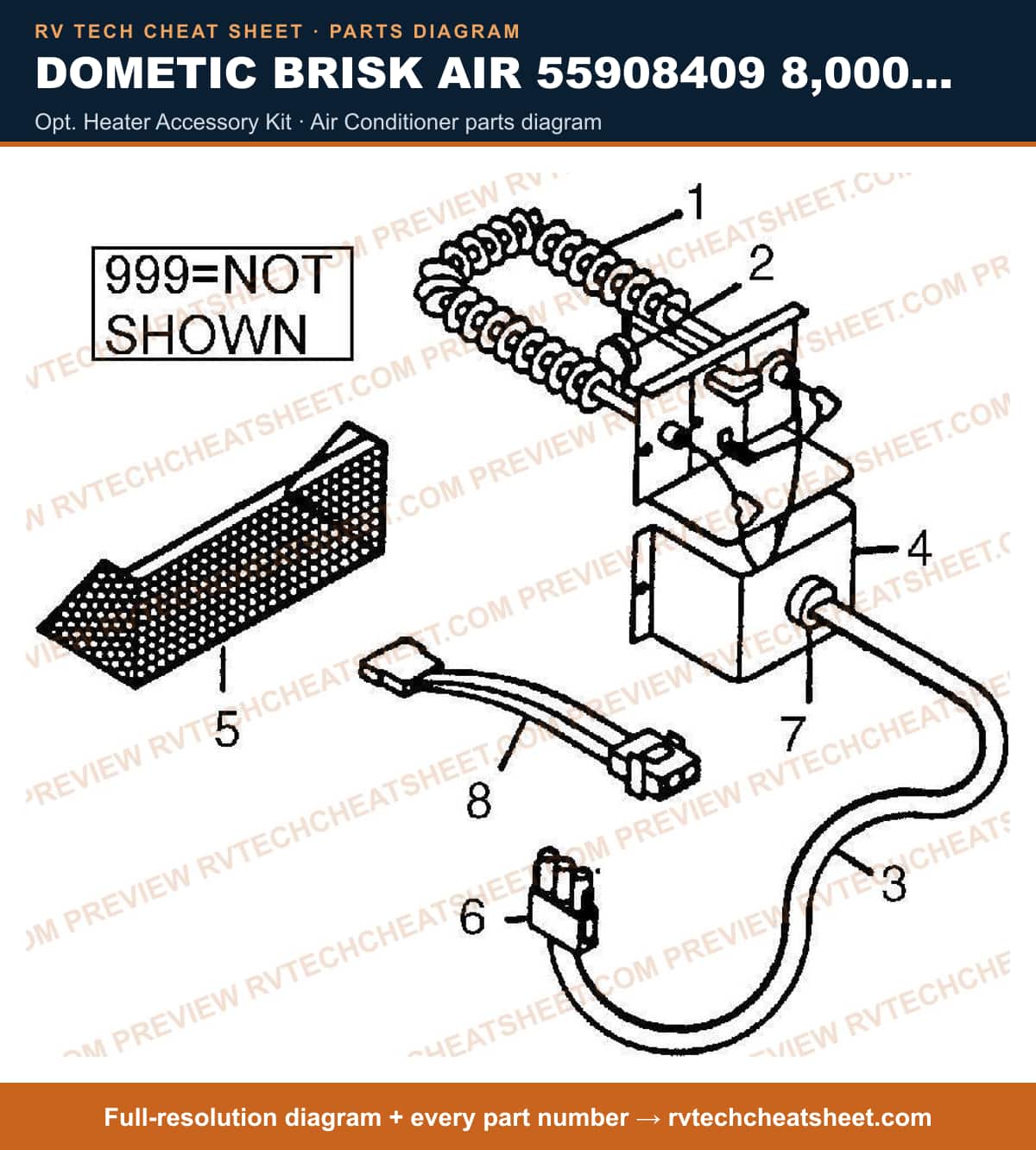 Dometic Brisk Air 55908409 8,000 BTU opt. heater accessory kit — parts list sheet