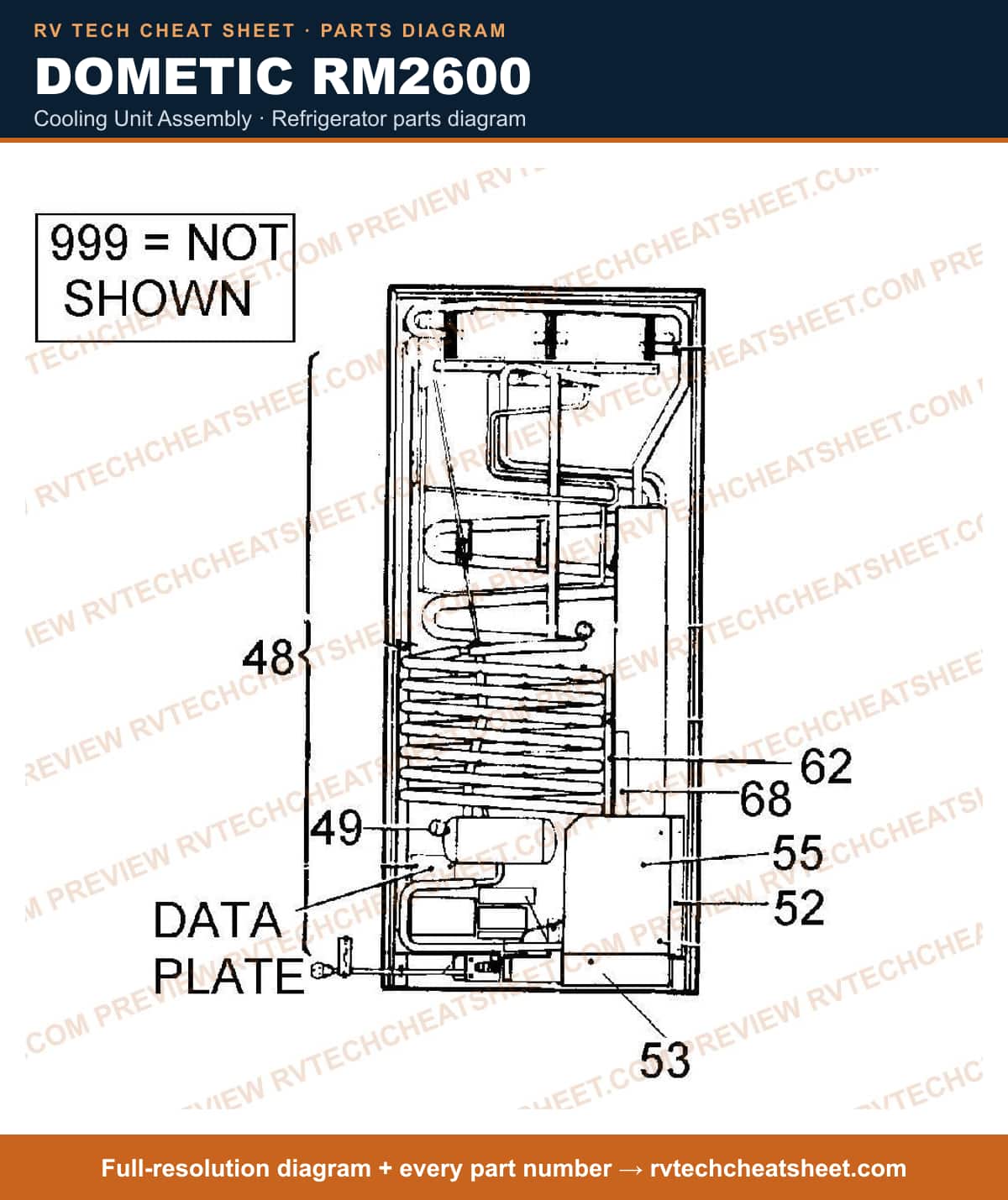 Dometic RM2600 cooling unit assembly — parts list sheet