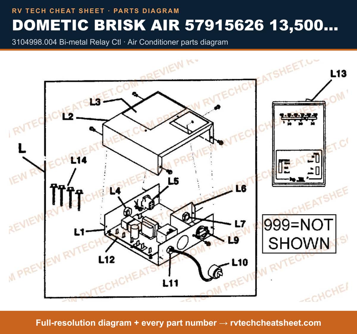 Dometic Brisk Air 57915626 13,500 BTU 3104998.004 bi-metal relay ctl — parts list sheet