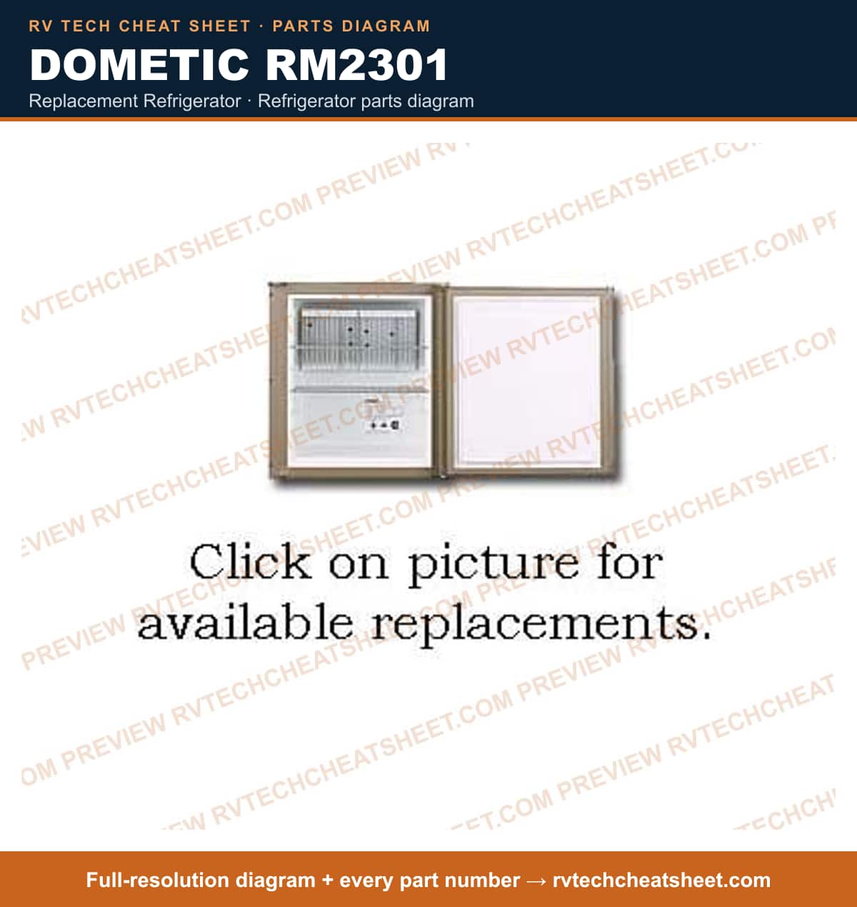 Dometic RM2301 replacement refrigerator — parts list sheet