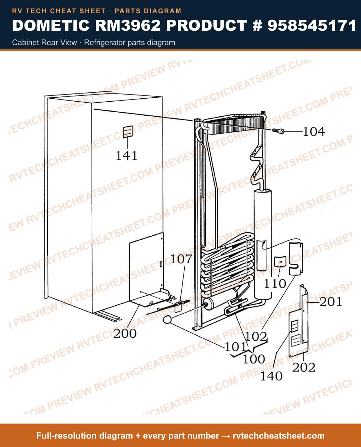 Dometic RM3962 Product # 958545171 cabinet rear view — parts list sheet