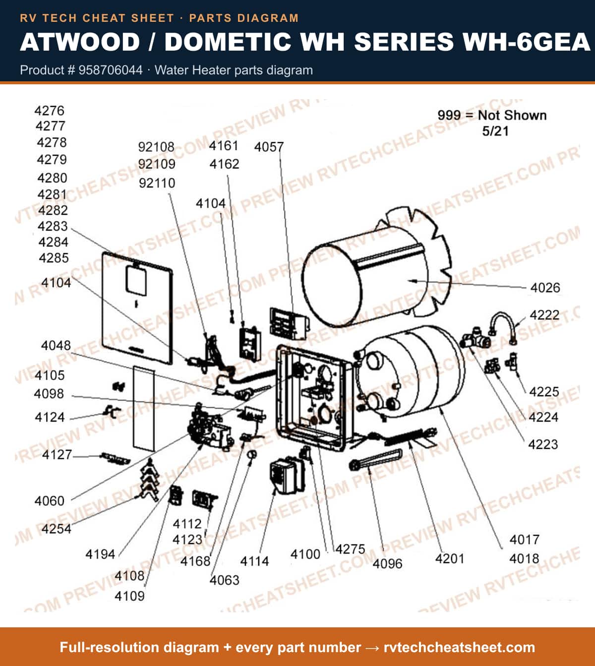 Atwood / Dometic Wh Series WH-6GEA product # 958706044 — exploded parts diagram