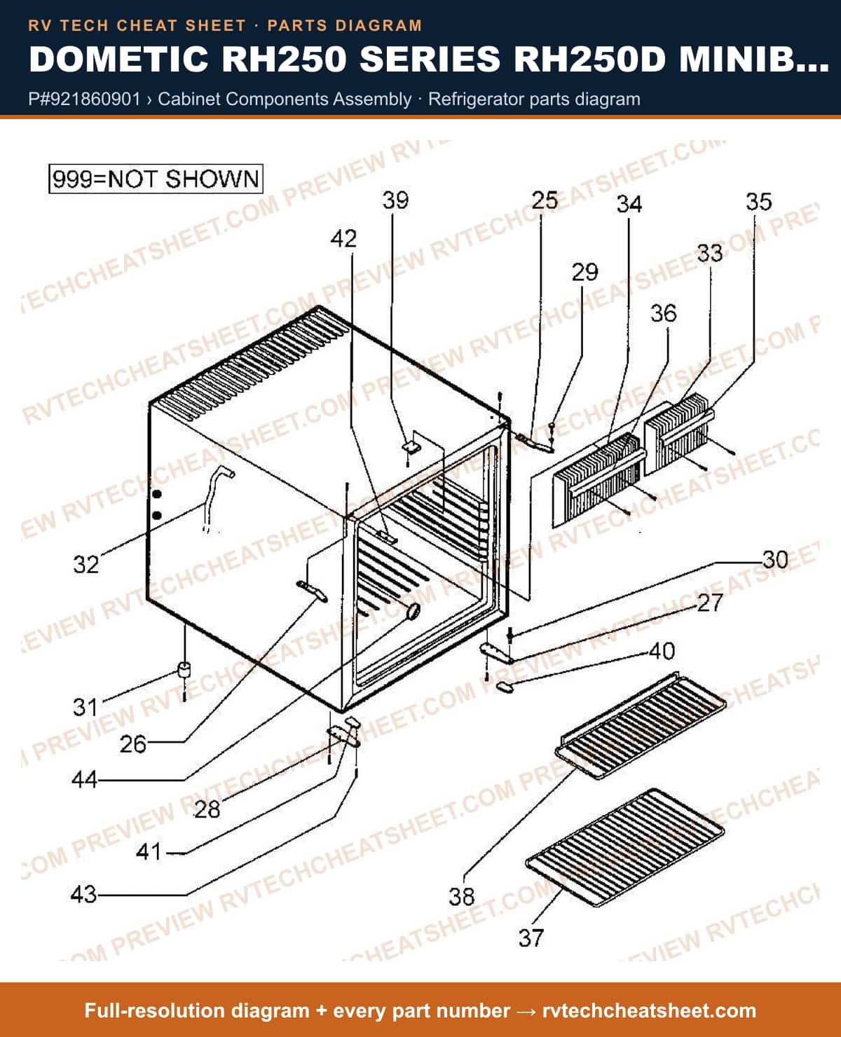 Dometic RH250 Series RH250D Minibar p#921860901 › cabinet components assembly — parts list sheet