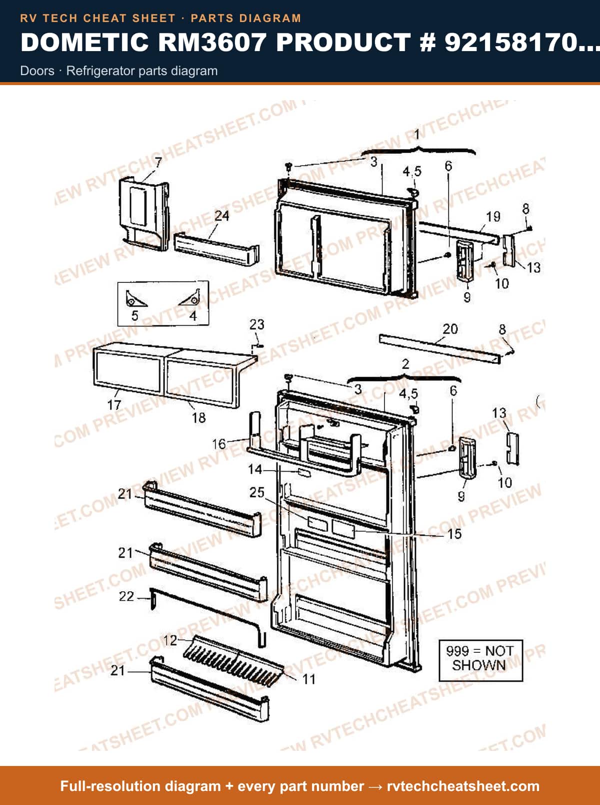 Dometic RM3607 Product # 921581701 3-WAY doors — parts list sheet