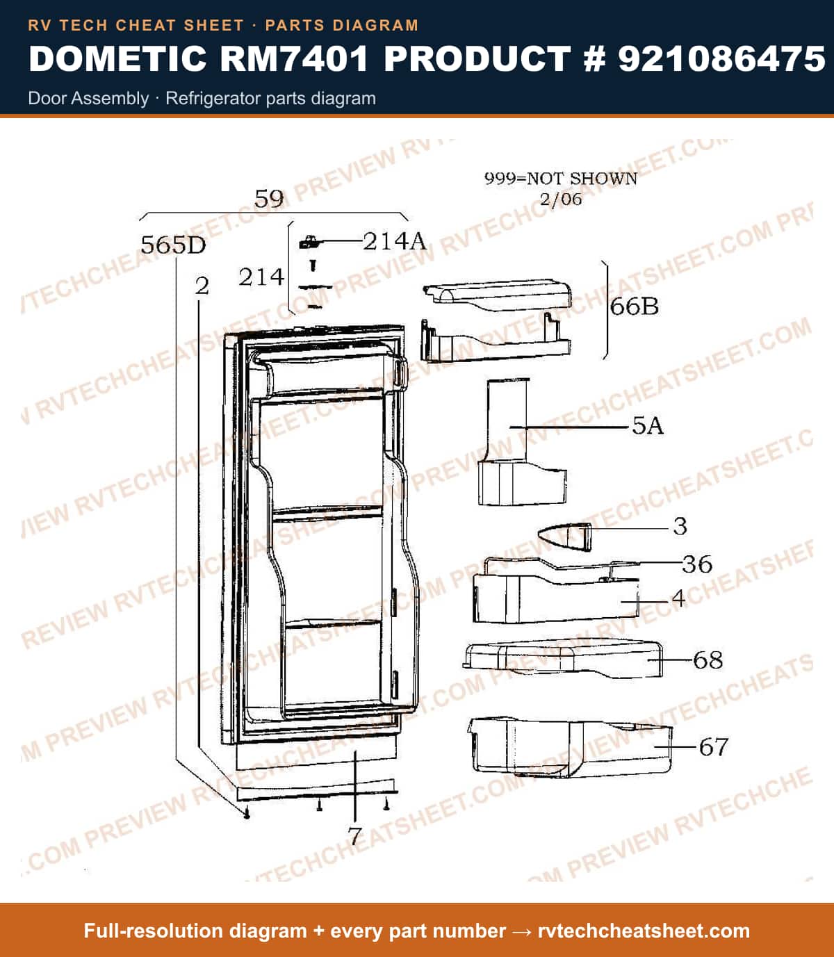 Dometic RM7401 Product # 921086475 door assembly — parts list sheet