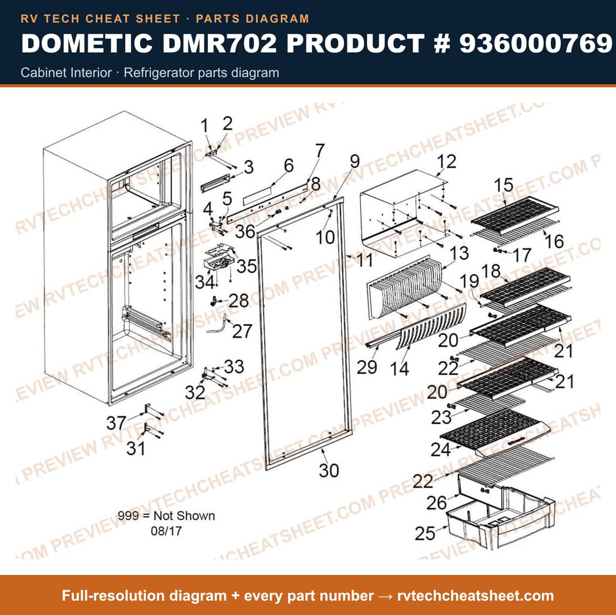 Dometic DMR702 Product # 936000769 cabinet interior — parts list sheet
