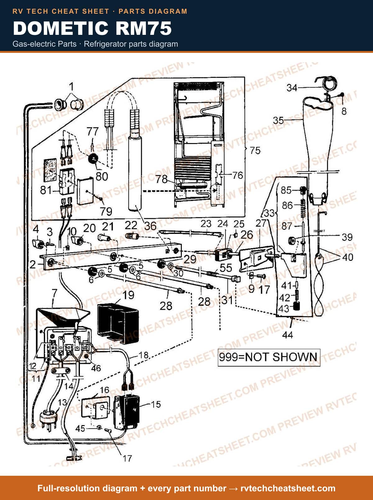 Dometic RM75 gas-electric parts — parts list sheet