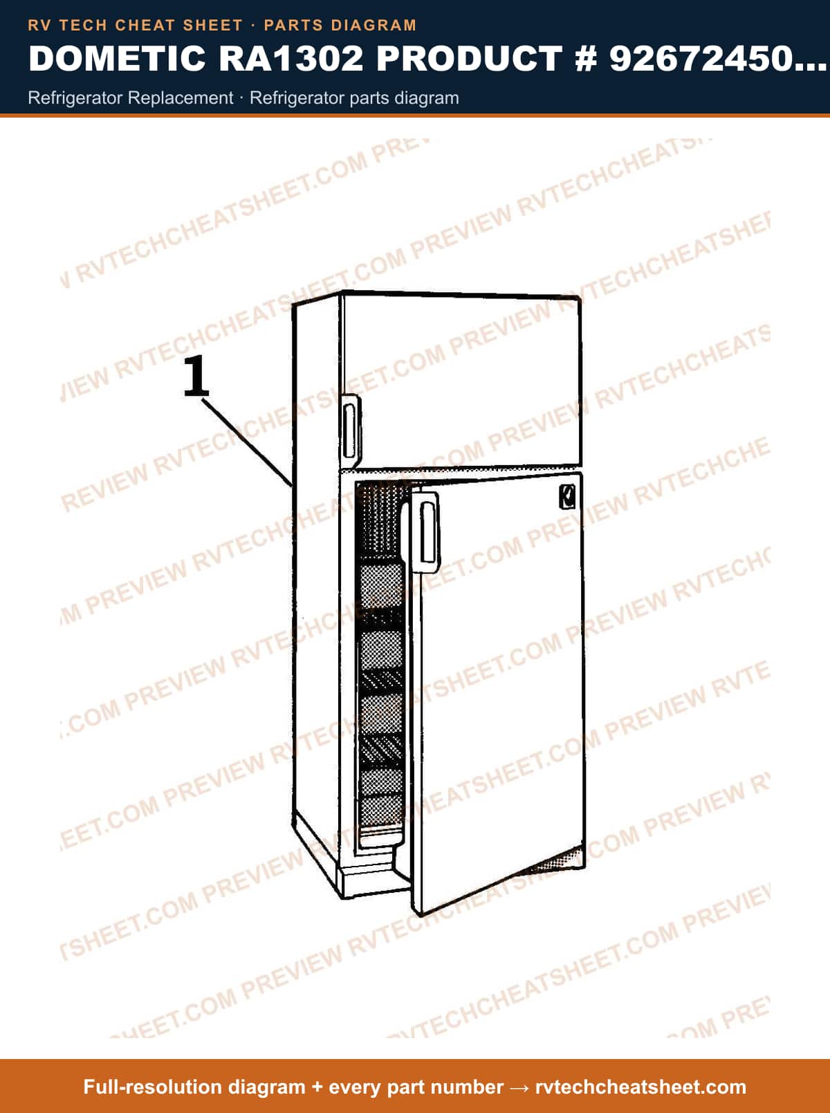 Dometic RA1302 Product # 926724501 - Cabinet Exterior refrigerator replacement — parts list sheet