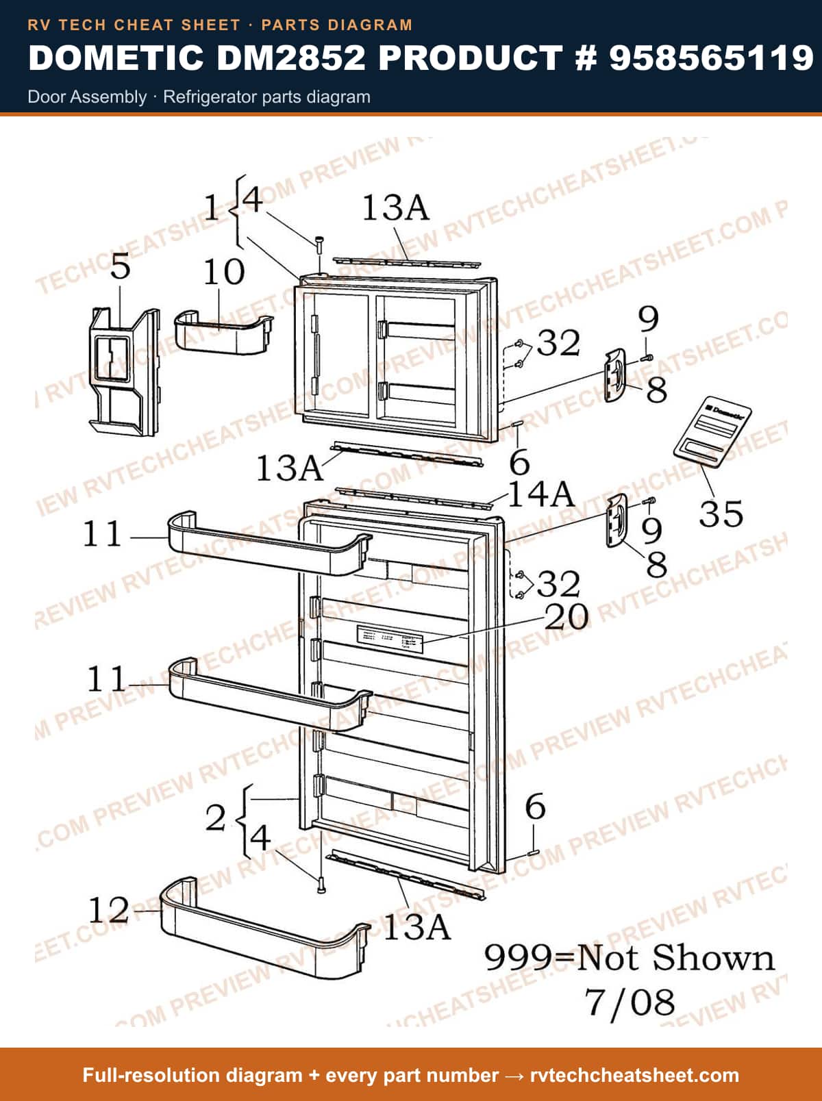 Dometic DM2852 Product # 958565119 door assembly — parts list sheet