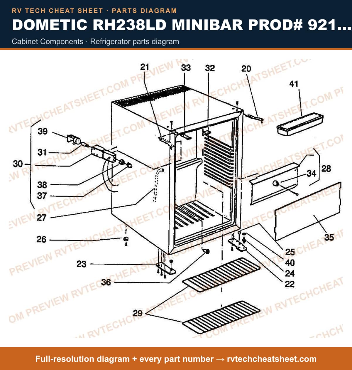 Dometic RH238LD Minibar Prod# 921063303 cabinet components — parts list sheet