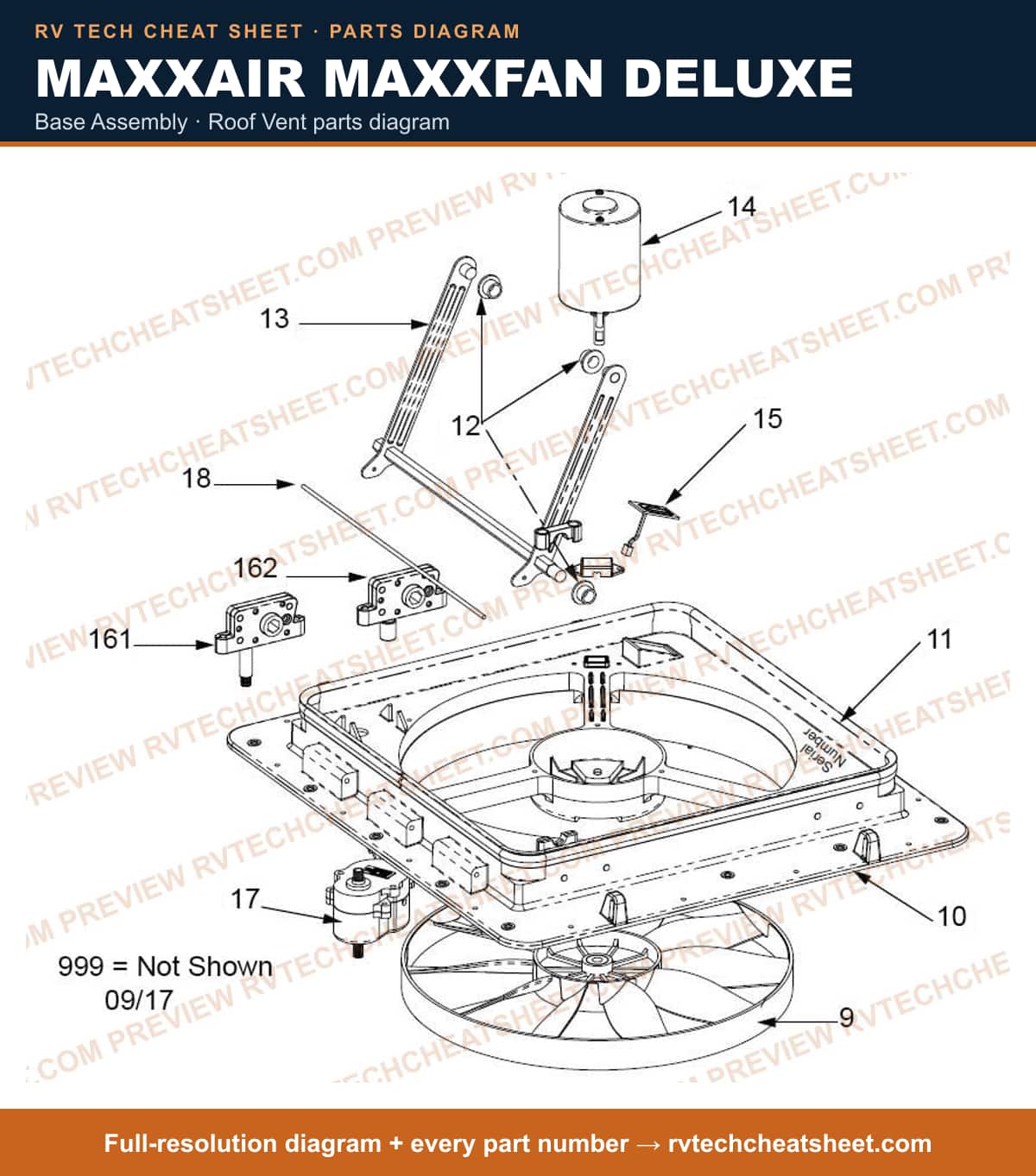 MaxxAir Maxxfan Deluxe base assembly — exploded parts diagram