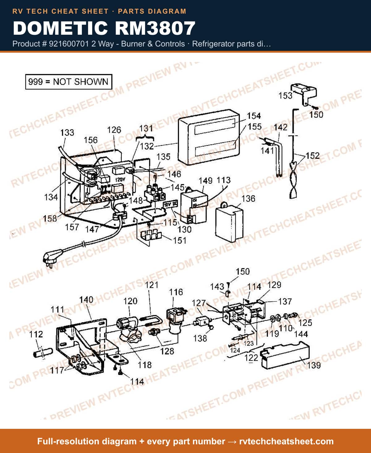 Dometic RM3807 product # 921600701 2 way - burner & controls — parts list sheet