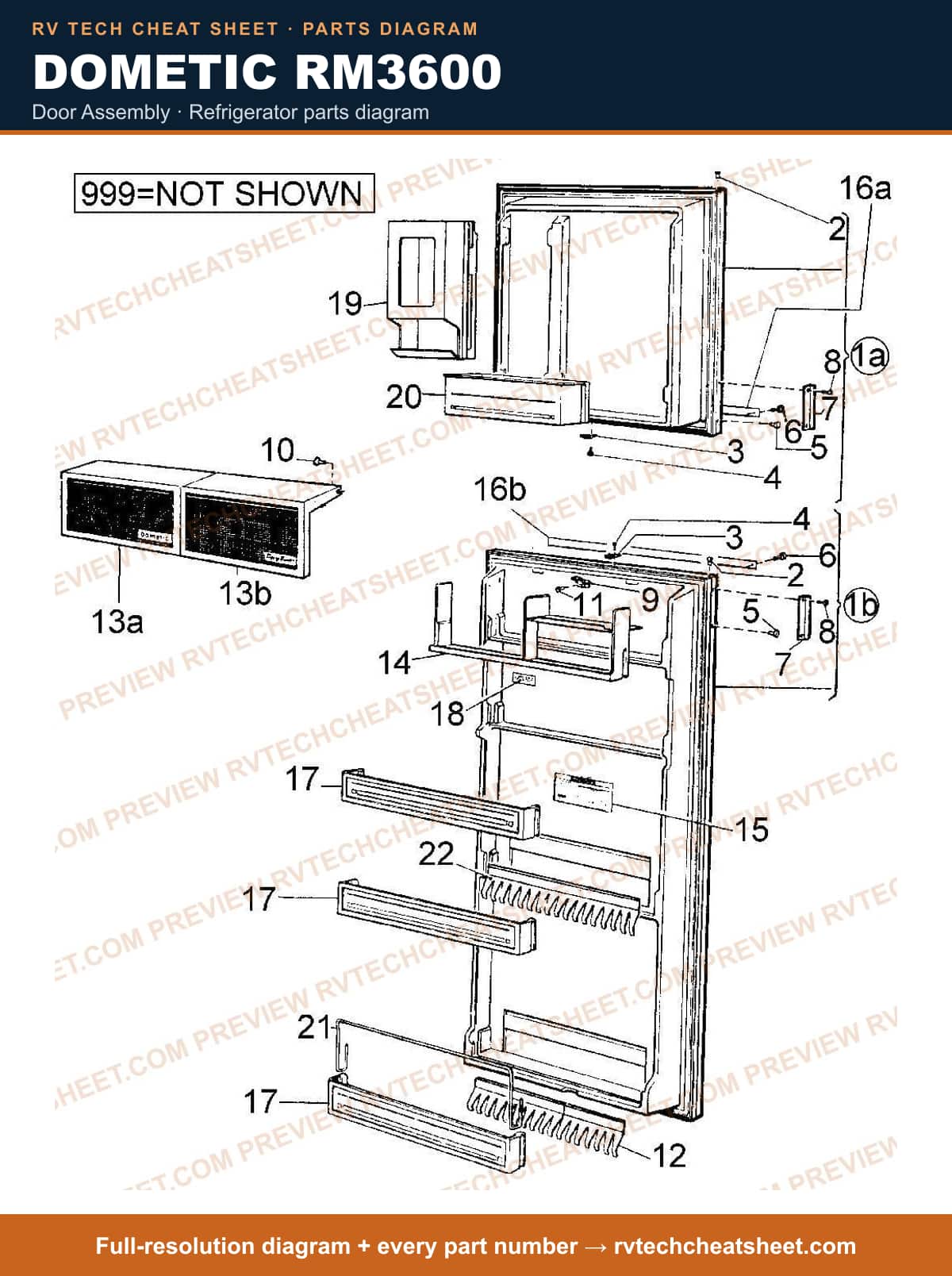 Dometic RM3600 door assembly — parts list sheet