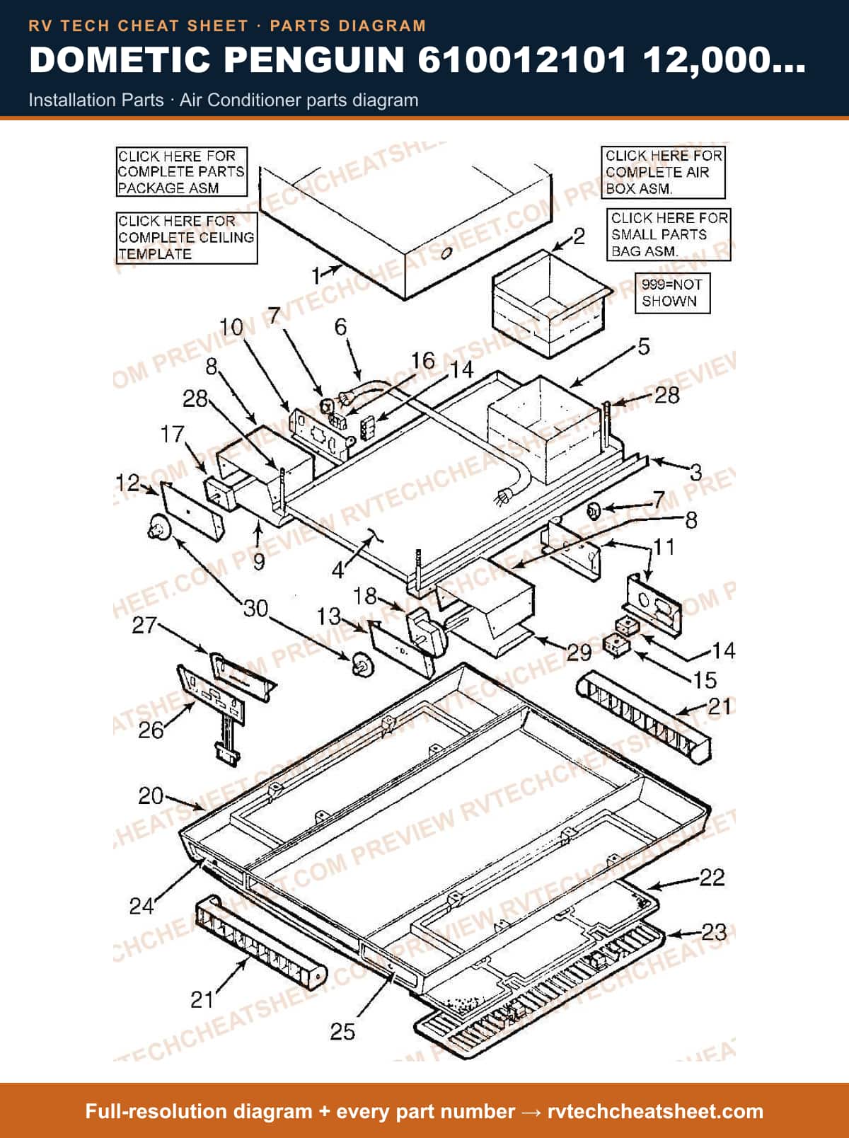 Dometic Penguin 610012101 12,000 BTU installation parts — parts list sheet
