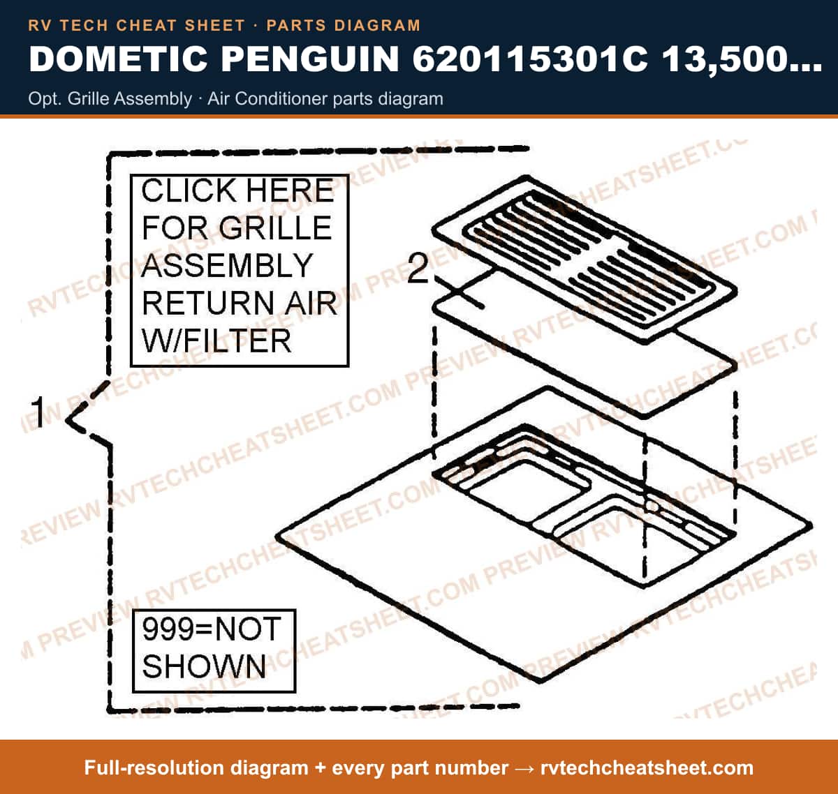 Dometic Penguin 620115301C 13,500 BTU opt. grille assembly — parts list sheet