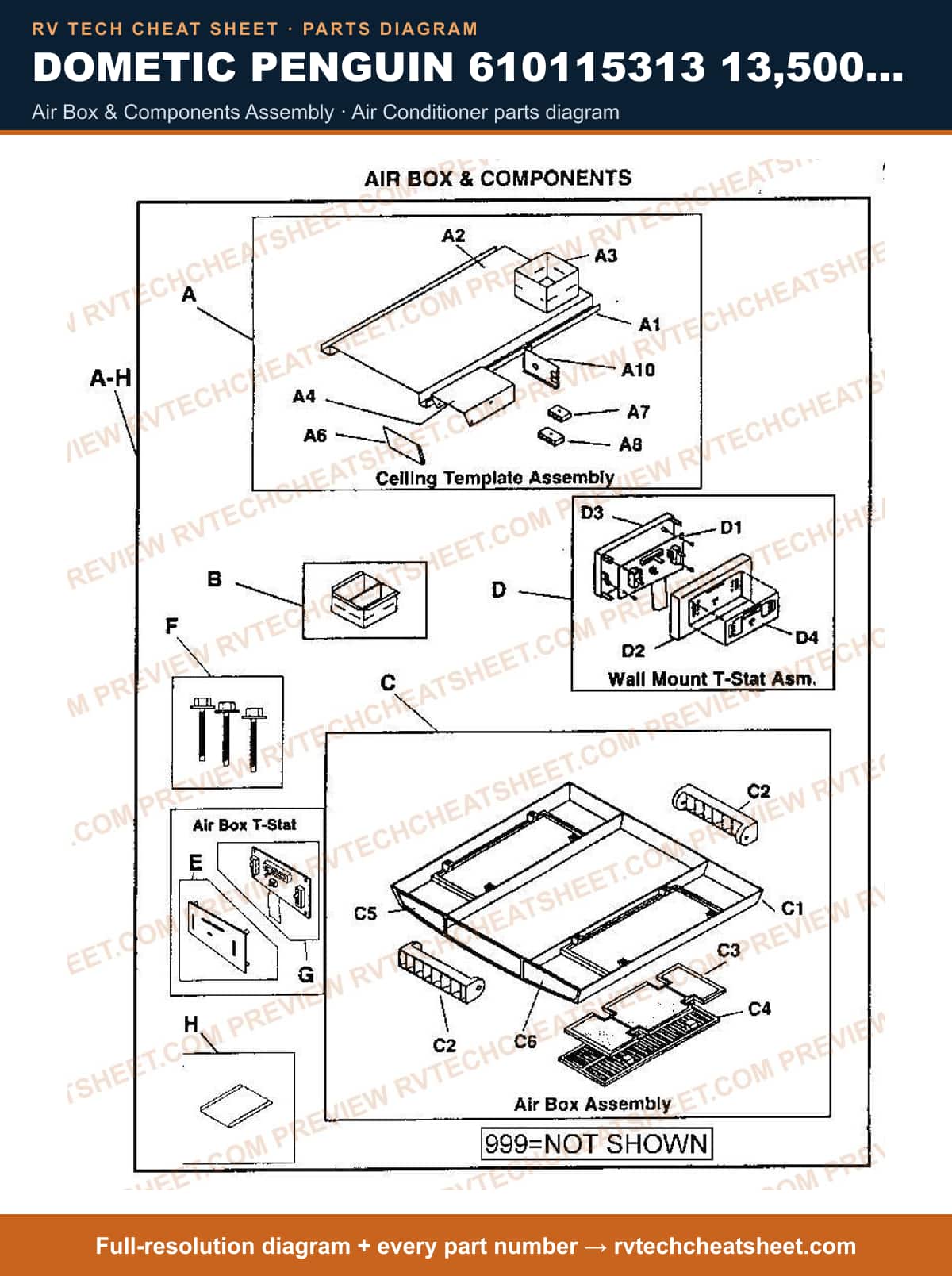 Dometic Penguin 610115313 13,500 BTU air box & components assembly — parts list sheet