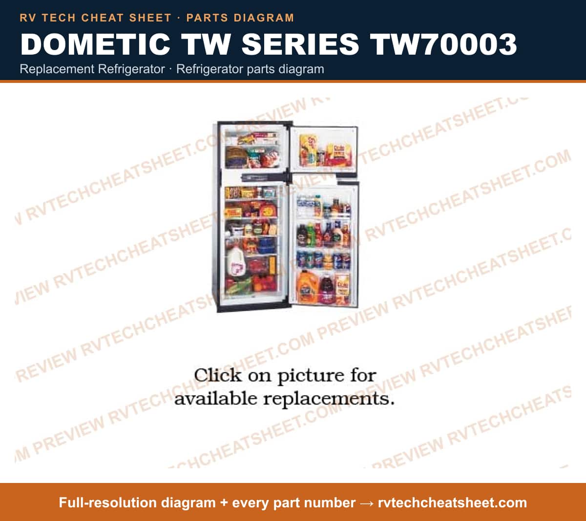 Dometic Tw Series TW70003 replacement refrigerator — parts list sheet