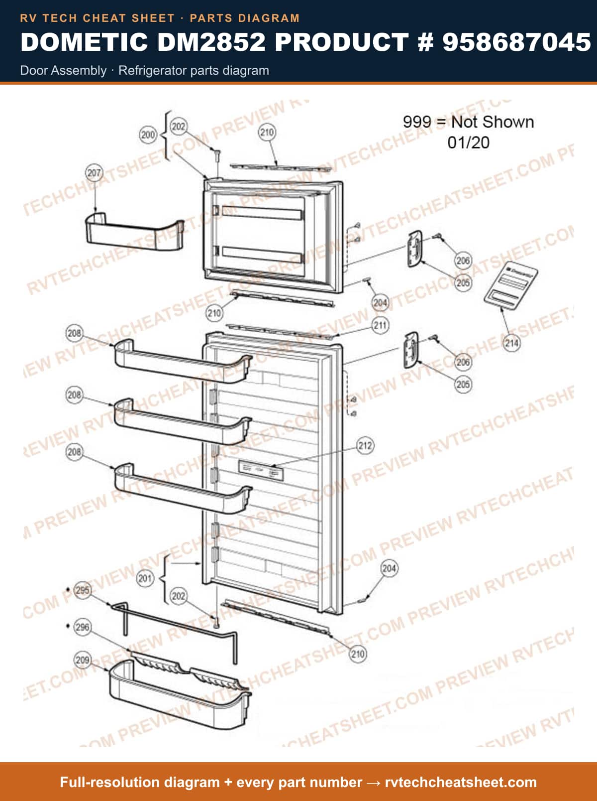 Dometic DM2852 Product # 958687045 door assembly — parts list sheet