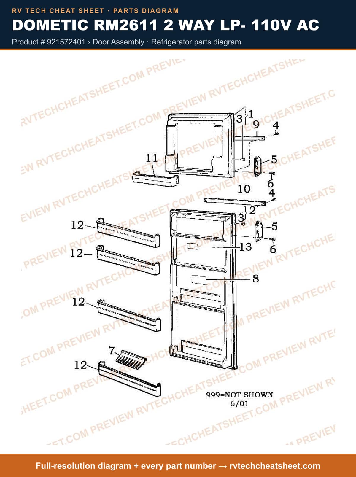 Dometic RM2611 2 Way Lp- 110V AC product # 921572401 › door assembly — parts list sheet