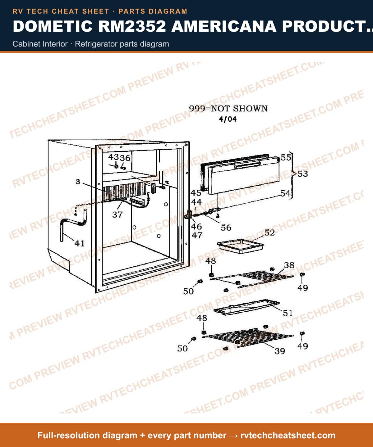 Dometic RM2352 Americana Product # 921145004 Beige cabinet interior — parts list sheet