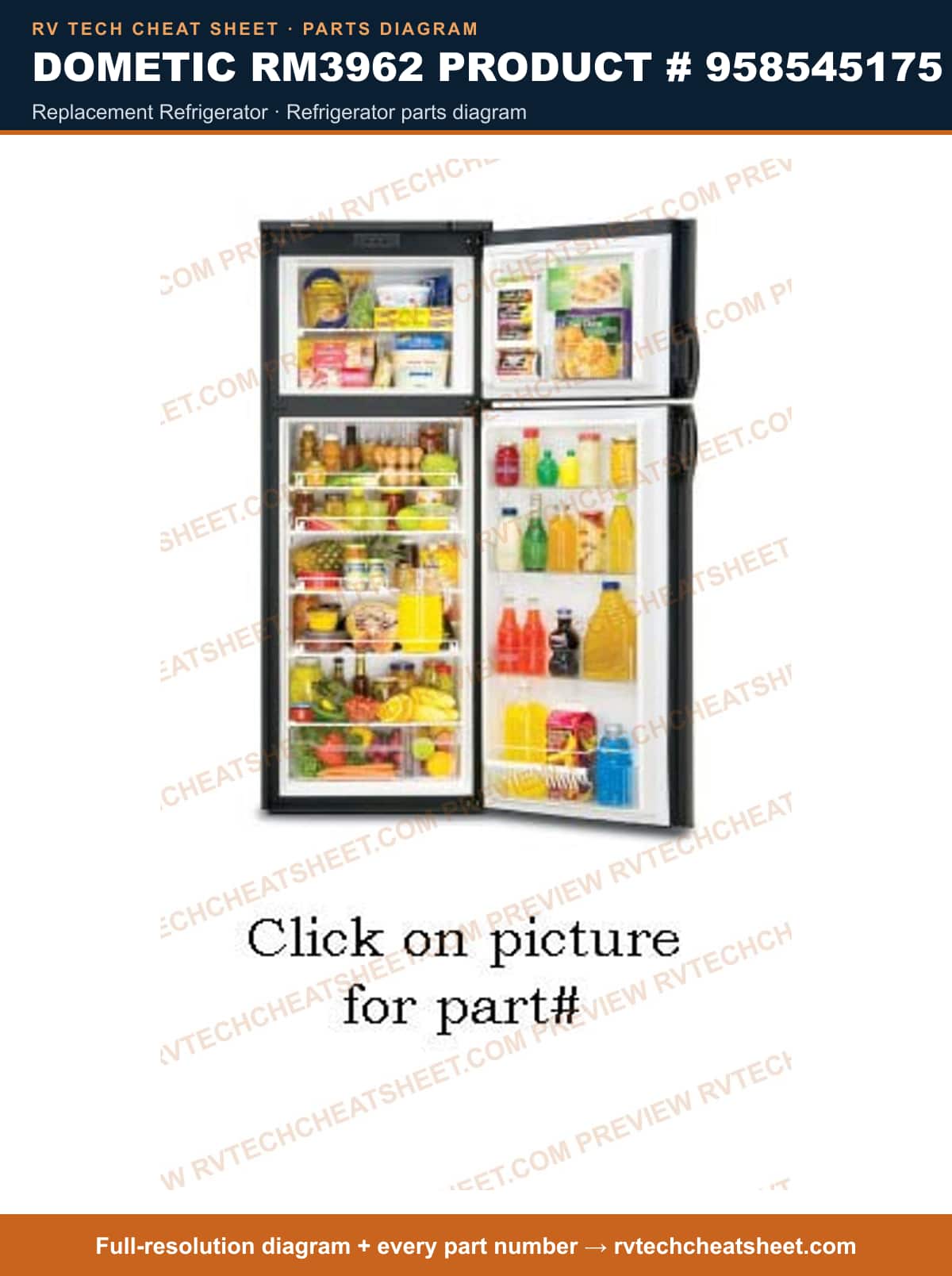 Dometic RM3962 Product # 958545175 replacement refrigerator — parts list sheet
