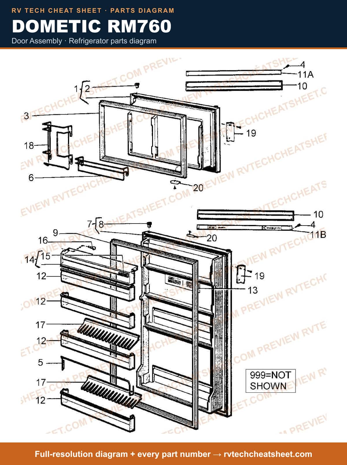 Dometic RM760 door assembly — parts list sheet