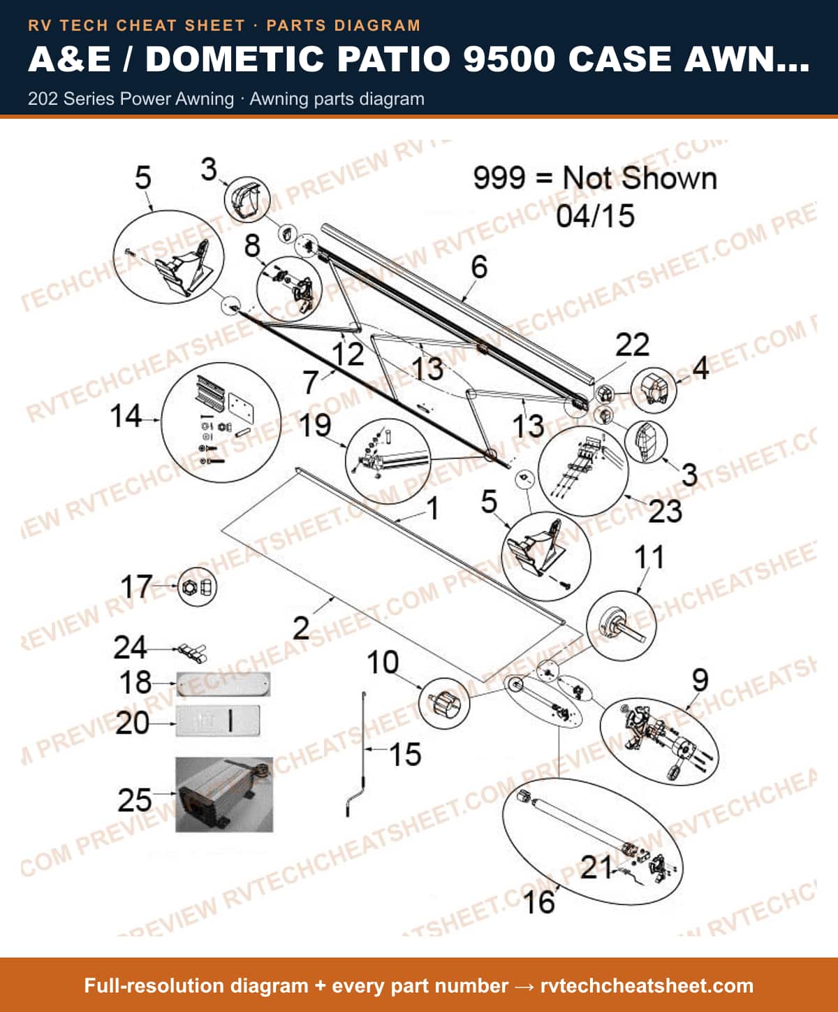 A&E / Dometic Patio 9500 Case Awning 202 series power awning — exploded parts diagram