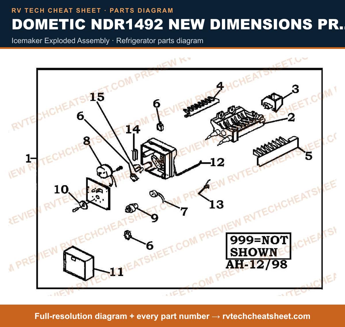 Dometic NDR1492 New Dimensions Product # 921148022 Blk Frame icemaker exploded assembly — parts list sheet