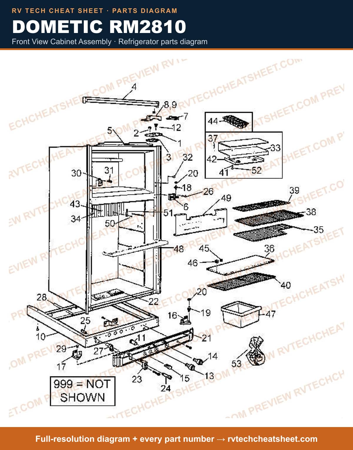 Dometic RM2810 front view cabinet assembly — parts list sheet