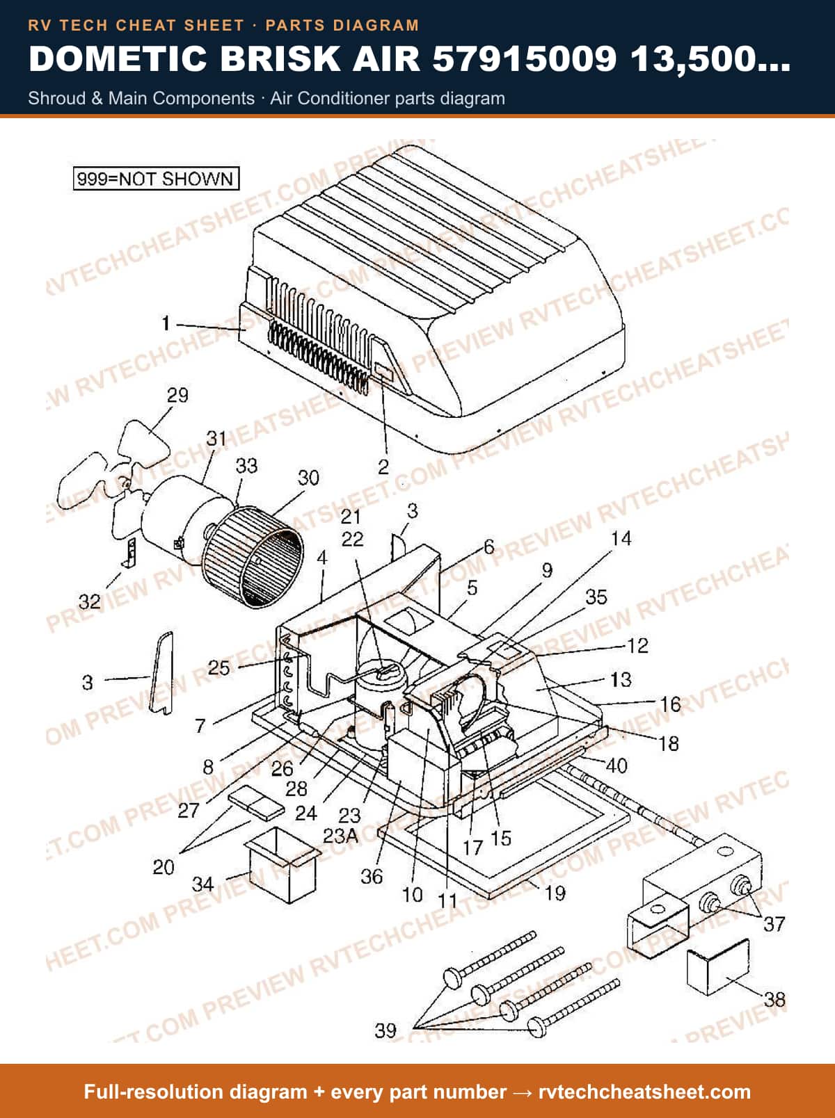 Dometic Brisk Air 57915009 13,500 BTU shroud & main components — exploded parts diagram