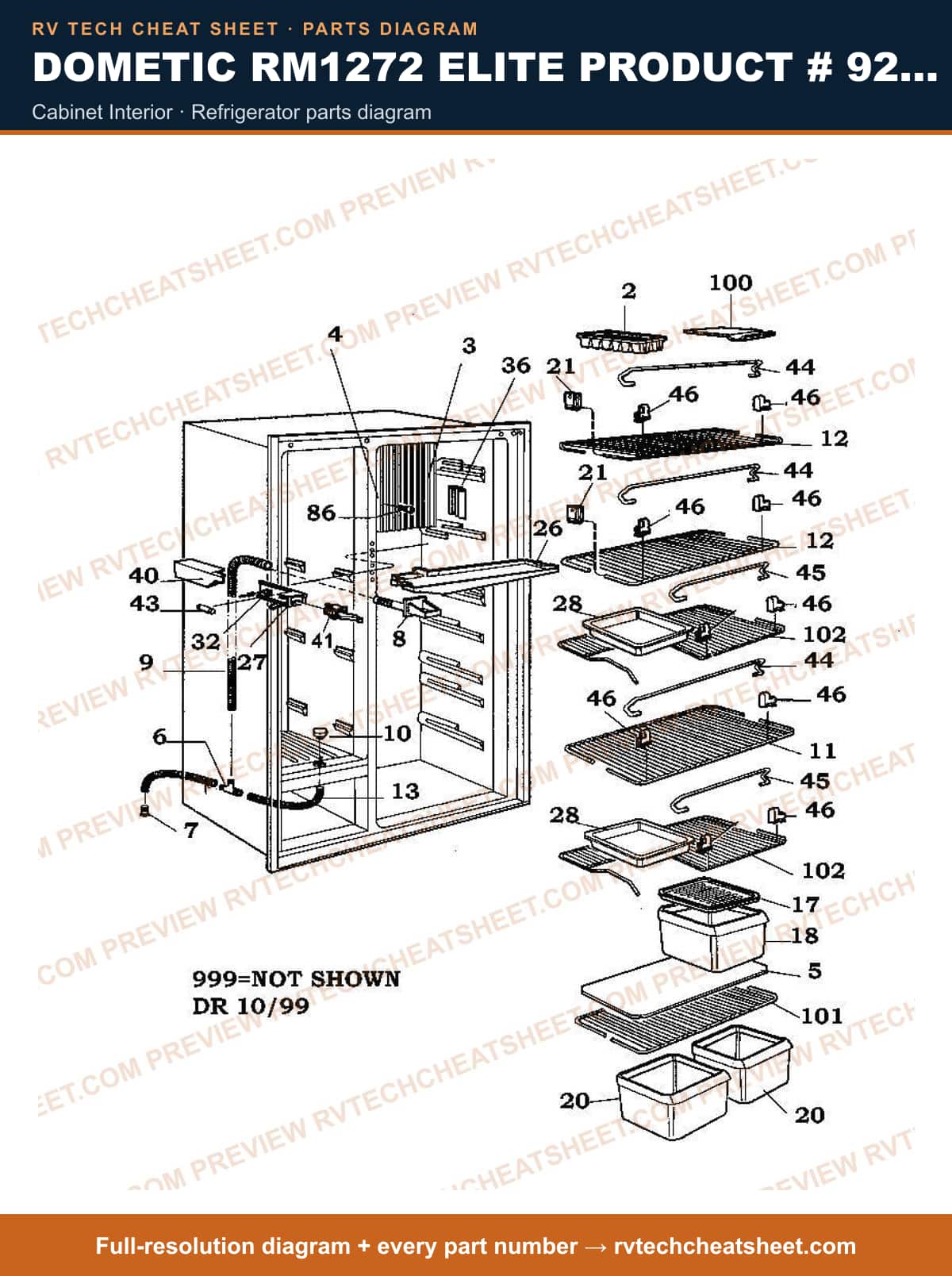 Dometic RM1272 Elite Product # 921148084 Beige cabinet interior — parts list sheet