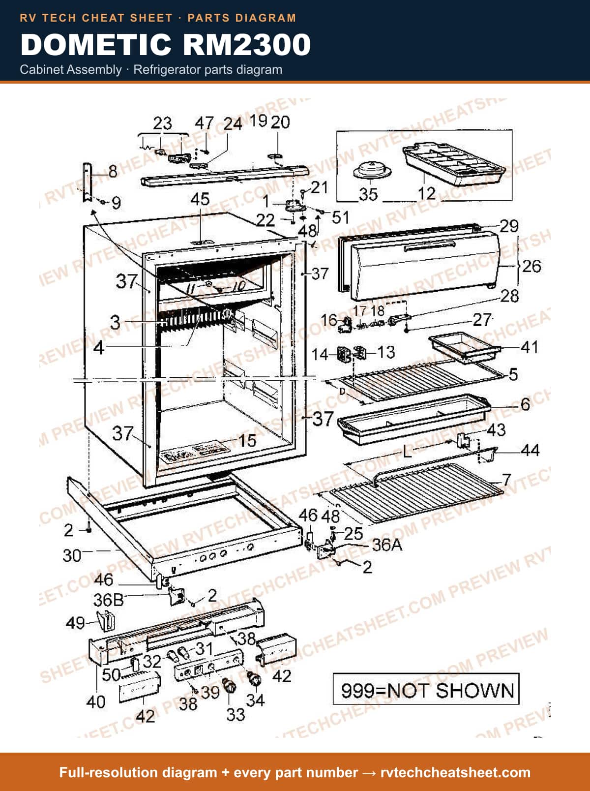 Dometic RM2300 cabinet assembly — parts list sheet